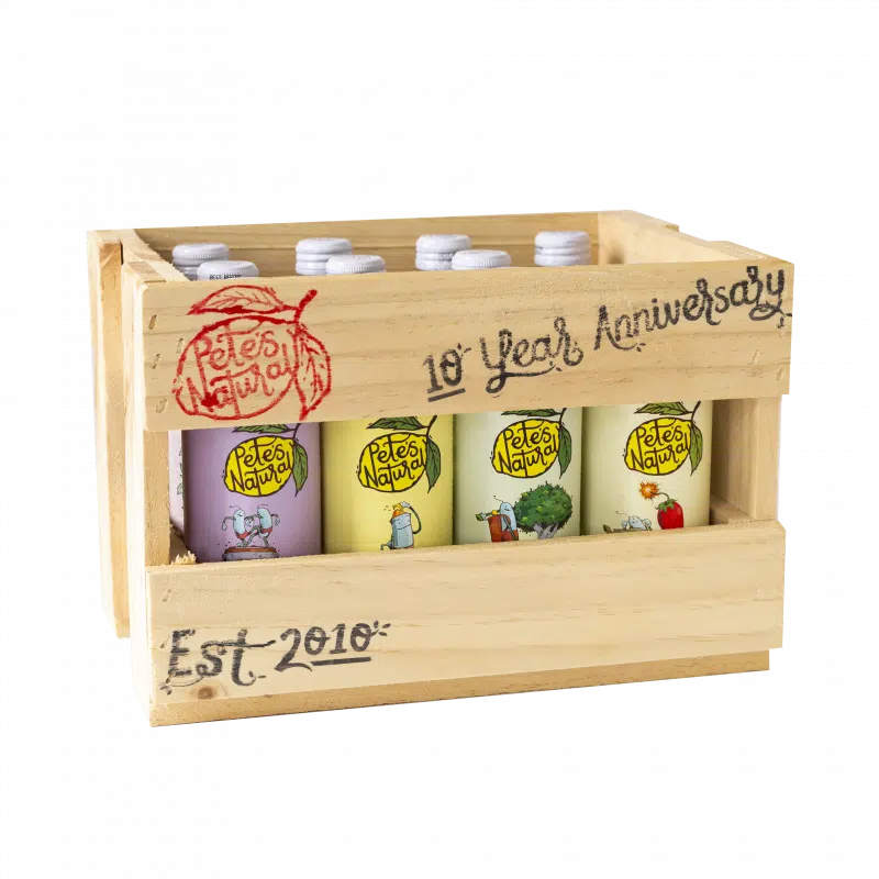 A crate of Pete's Natural soda bottles